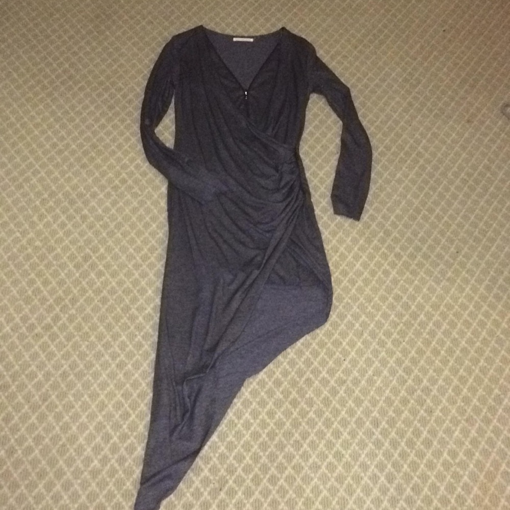 Grey long sleeve dress with asymmetrical hem